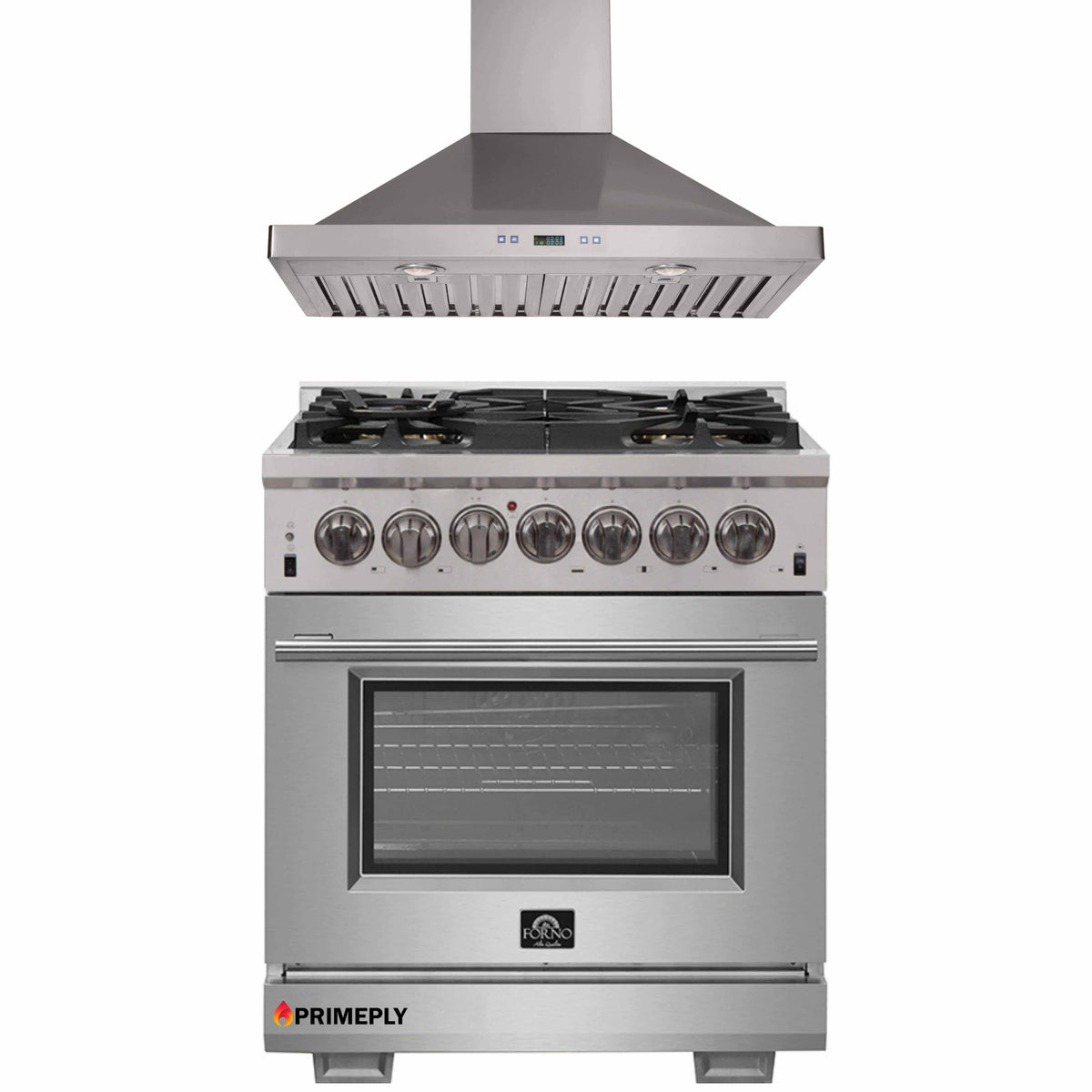 Forno 2-Piece Pro Appliance Package - 30-Inch Dual Fuel Range & Wall Mount Hood in Stainless Steel