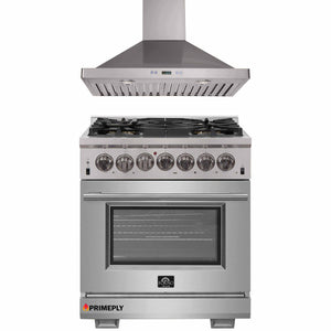 Forno 2-Piece Pro Appliance Package - 30-Inch Dual Fuel Range & Wall Mount Hood in Stainless Steel