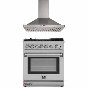 Forno 2-Piece Appliance Package - 30-Inch Dual Fuel Range with Air Fryer & Wall Mount Hood in Stainless Steel