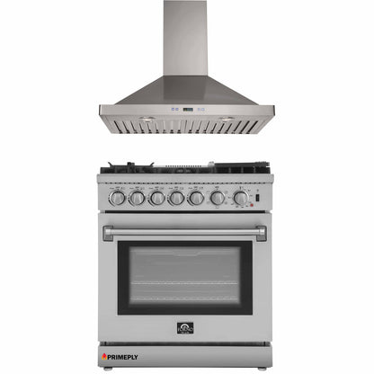 Forno 2-Piece Appliance Package - 30-Inch Dual Fuel Range with Air Fryer & Wall Mount Hood in Stainless Steel
