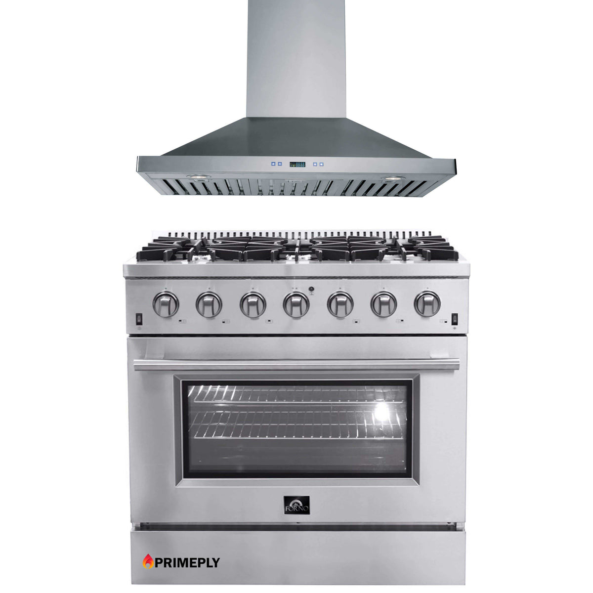 Forno 2-Piece Appliance Package - 36-Inch Gas Range & Wall Mount Hood in Stainless Steel