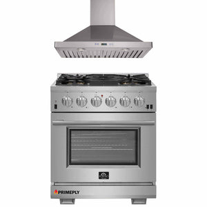 Forno 2-Piece Pro Appliance Package - 30-Inch Gas Range & Wall Mount Hood in Stainless Steel