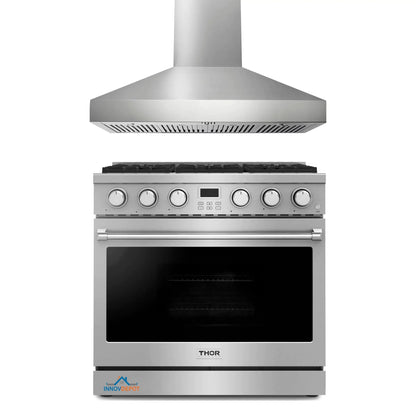 Thor Kitchen 2-Piece Appliance Package - 36-Inch Gas Range and Pro-Style Wall Mount Range Hood in Stainless Steel