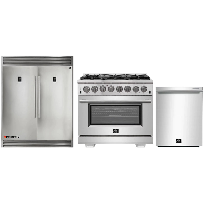 Forno 3-Piece Pro Appliance Package - 36-Inch Dual Fuel Range, Pro-Style Refrigerator, and Dishwasher in Stainless Steel