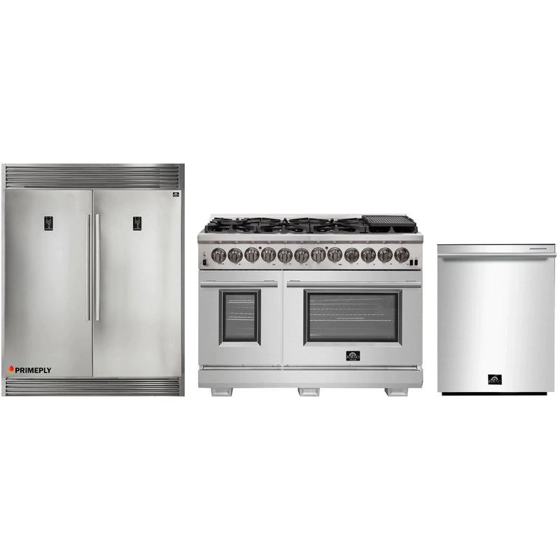 Forno 3-Piece Pro Appliance Package - 48-Inch Dual Fuel Range, Pro-Style Refrigerator, and Dishwasher in Stainless Steel