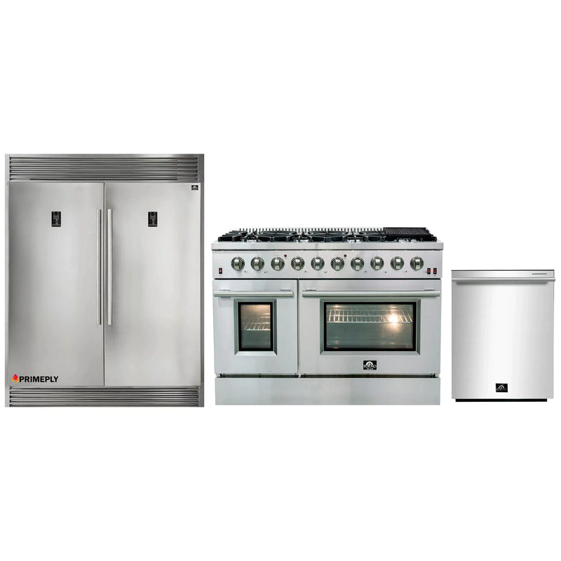 Forno 3-Piece Appliance Package - 48-Inch Gas Range, Pro-Style Refrigerator, and Dishwasher in Stainless Steel