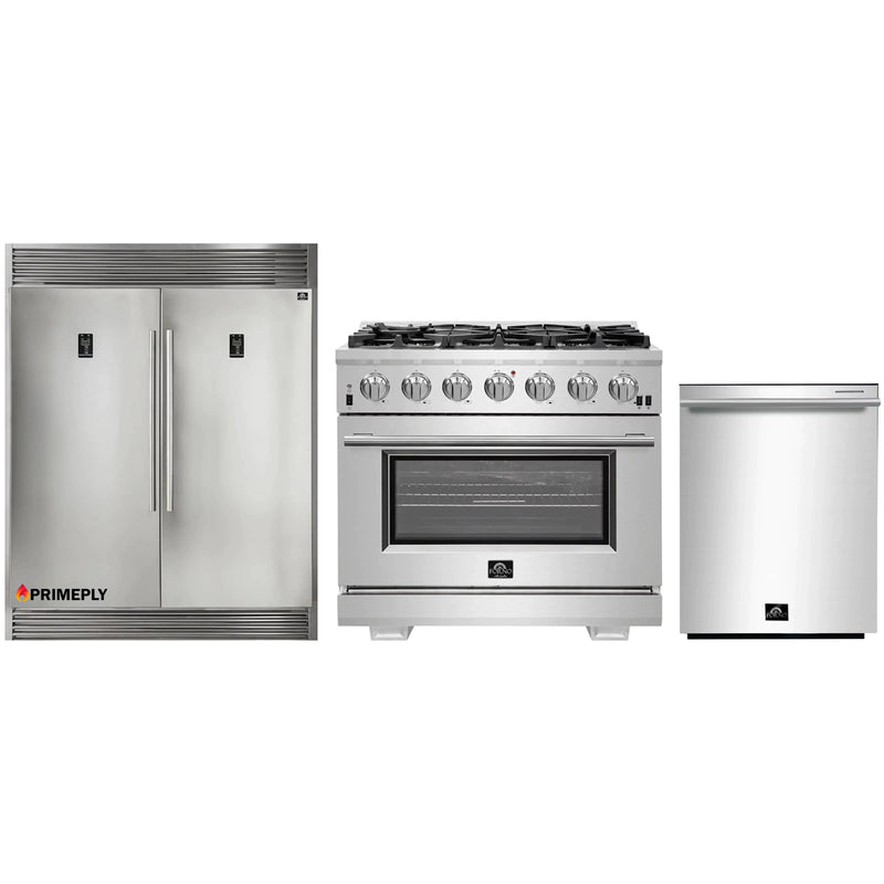 Forno 3-Piece Pro Appliance Package - 36-Inch Gas Range, Pro-Style Refrigerator, and Dishwasher in Stainless Steel