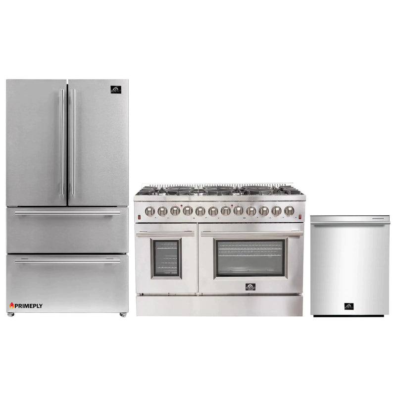 Forno 3-Piece Appliance Package - 48-Inch Dual Fuel Range, French Door Refrigerator, and Dishwasher in Stainless Steel