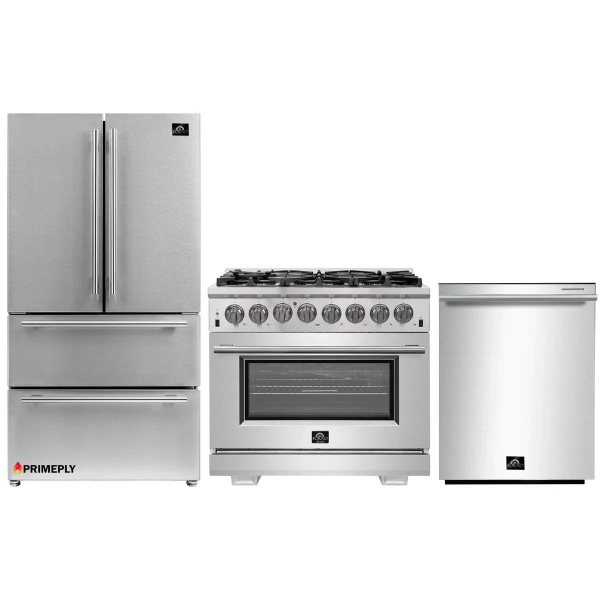 Forno 3-Piece Pro Appliance Package - 36-Inch Dual Fuel Range, French Door Refrigerator, and Dishwasher in Stainless Steel
