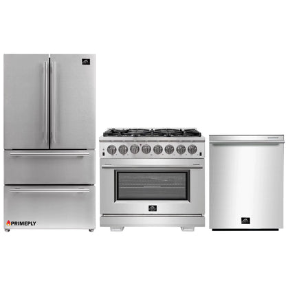 Forno 3-Piece Pro Appliance Package - 36-Inch Dual Fuel Range, French Door Refrigerator, and Dishwasher in Stainless Steel