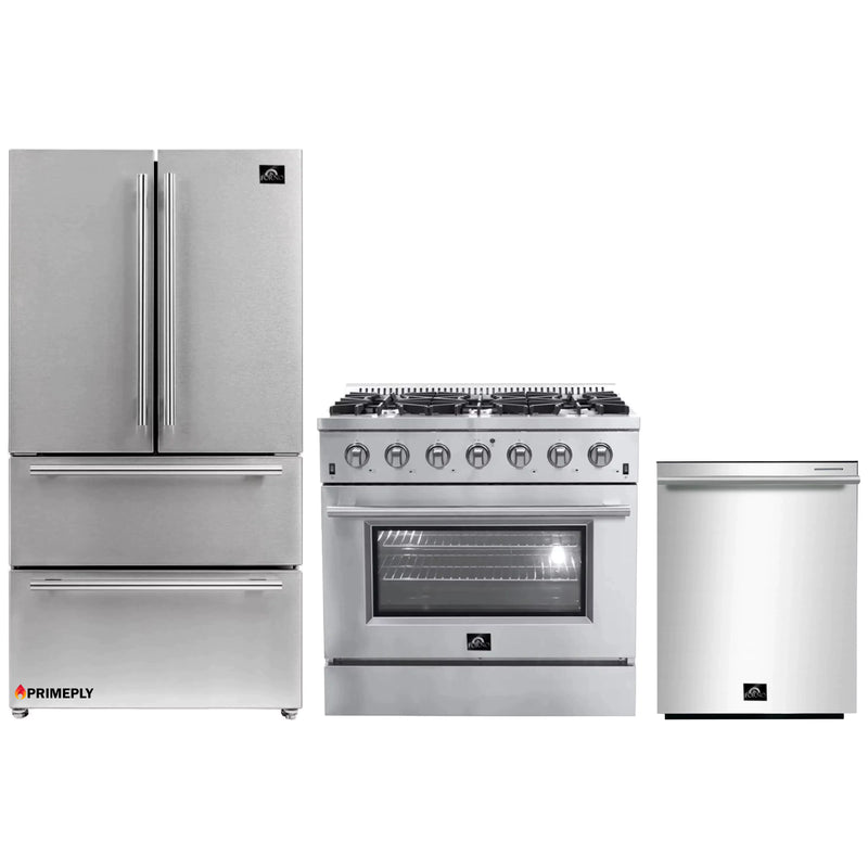 Forno 3-Piece Appliance Package - 36-Inch Gas Range, French Door Refrigerator, and Dishwasher in Stainless Steel