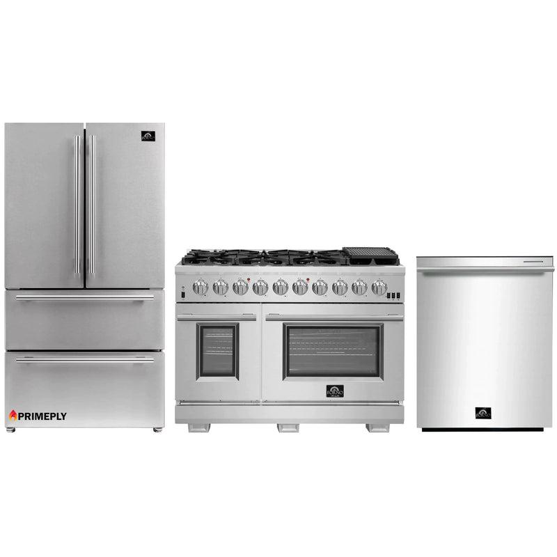 Forno 3-Piece Pro Appliance Package - 48-Inch Gas Range, French Door Refrigerator, and Dishwasher in Stainless Steel