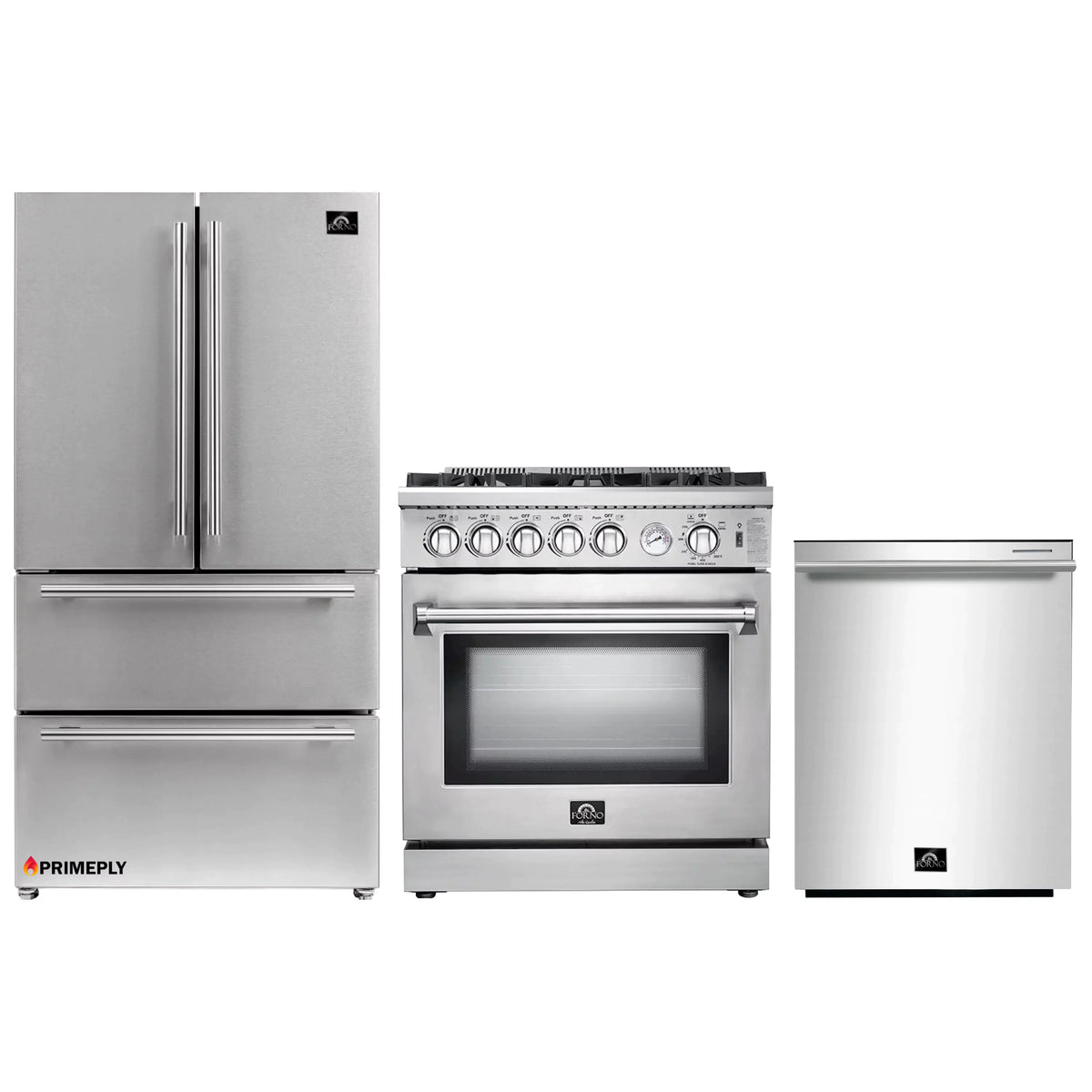 Forno 3-Piece Appliance Package - 30-Inch Gas Range, French Door Refrigerator, and Dishwasher in Stainless Steel