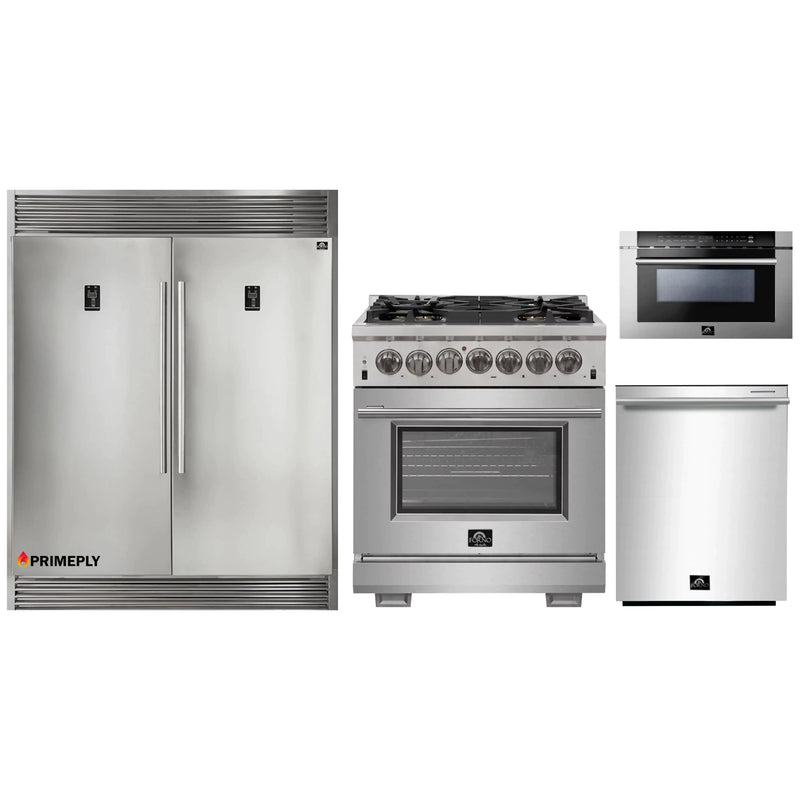 Forno 4-Piece Pro Appliance Package - 30-Inch Dual Fuel Range, 56-Inch Pro-Style Refrigerator, Microwave Drawer, & 3-Rack Dishwasher in Stainless Steel