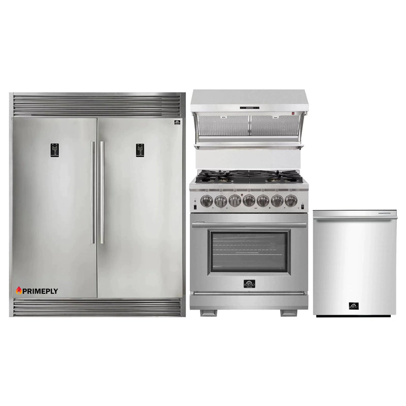 Forno 4-Piece Pro Appliance Package - 30-Inch Dual Fuel Range, Premium Hood, Pro-Style Refrigerator, and Dishwasher in Stainless Steel