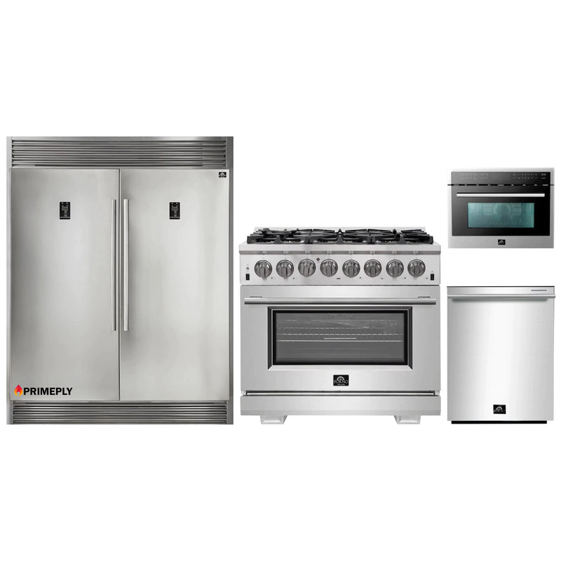 Forno 4-Piece Pro Appliance Package - 36-Inch Dual Fuel Range, 56-Inch Pro-Style Refrigerator, Microwave Oven, & 3-Rack Dishwasher in Stainless Steel