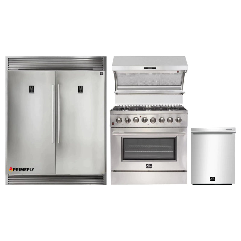 Forno 4-Piece Pro Appliance Package - 36-Inch Dual Fuel Range, Pro-Style Refrigerator, Wall Mount Hood with Backsplash, and Dishwasher in Stainless Steel