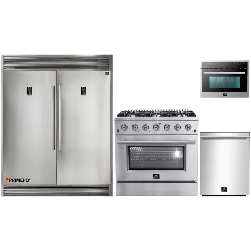 Forno 4-Piece Appliance Package - 36-Inch Gas Range, 56-Inch Pro-Style Refrigerator, Microwave Oven, & 3-Rack Dishwasher in Stainless Steel