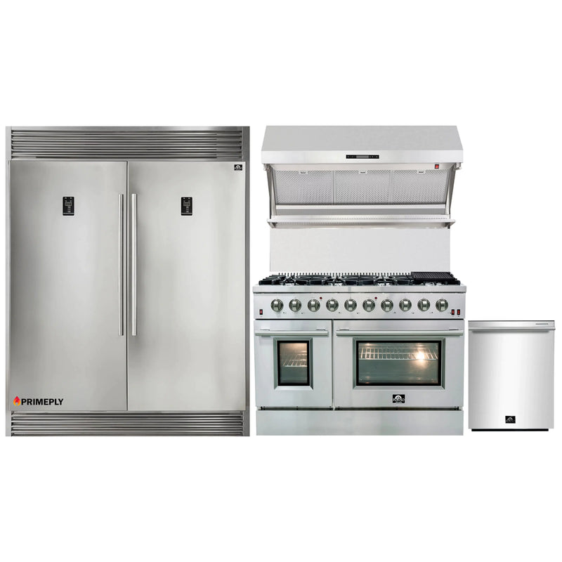 Forno 4-Piece Appliance Package - 48-Inch Gas Range, 56-Inch Pro-Style Refrigerator, Wall Mount Hood with Backsplash, & 3-Rack Dishwasher in Stainless Steel