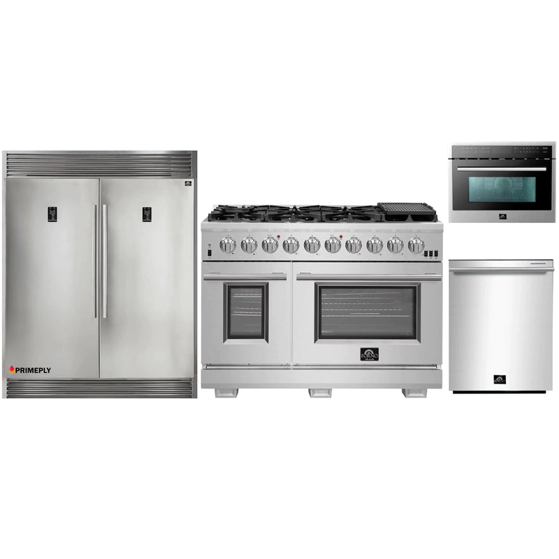 Forno 4-Piece Pro Appliance Package - 48-Inch Gas Range, 56-Inch Pro-Style Refrigerator, Microwave Oven, & 3-Rack Dishwasher in Stainless Steel