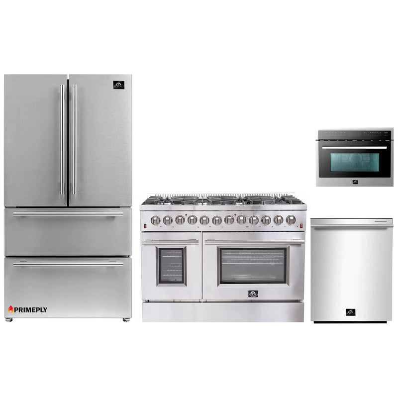 Forno 4-Piece Appliance Package - 48-Inch Dual Fuel Range, Refrigerator, Microwave Oven, & 3-Rack Dishwasher in Stainless Steel