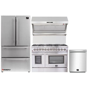 Forno 4-Piece Appliance Package - 48-Inch Dual Fuel Range, Refrigerator, Wall Mount Hood with Backsplash, & 3-Rack Dishwasher in Stainless Steel