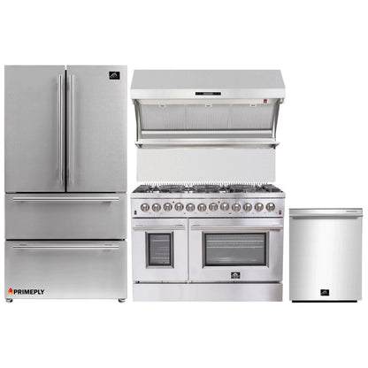 Forno 4-Piece Appliance Package - 48-Inch Dual Fuel Range, Refrigerator, Wall Mount Hood with Backsplash, & 3-Rack Dishwasher in Stainless Steel