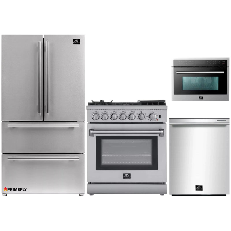 Forno 4-Piece Appliance Package - 30-Inch Dual Fuel Range with Air Fryer, Refrigerator, Microwave Oven, & 3-Rack Dishwasher in Stainless Steel