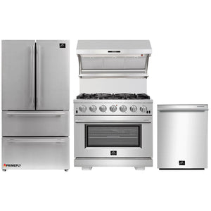 Forno 4-Piece Pro Appliance Package - 36-Inch Gas Range, Wall Mount Hood with Backsplash, 36-Inch French Door Refrigerator, and Dishwasher in Stainless Steel