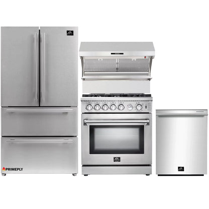 Forno 4-Piece Appliance Package - 30-Inch Gas Range, Refrigerator, Wall Mount Hood with Backsplash, & 3-Rack Dishwasher in Stainless Steel