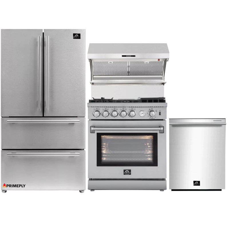 Forno 4-Piece Appliance Package - 30-Inch Gas Range with Air Fryer, Refrigerator, Wall Mount Hood with Backsplash, & 3-Rack Dishwasher in Stainless Steel