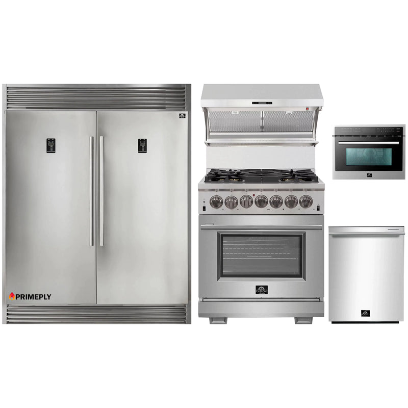 Forno 5-Piece Pro Appliance Package - 30-Inch Dual Fuel Range, 56-Inch Pro-Style Refrigerator, Wall Mount Hood with Backsplash, Microwave Oven, & 3-Rack Dishwasher in Stainless Steel