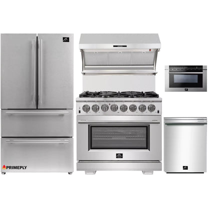 Forno 3-Piece Pro Appliance Package - 36" Dual Fuel Range, 36" Refrigerator, Wall Mount Hood with Backsplash in Stainless Steel
