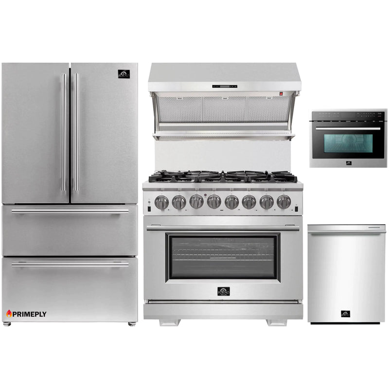 Forno 5-Piece Pro Appliance Package - 36-Inch Dual Fuel Range, Refrigerator, Wall Mount Hood with Backsplash, Microwave Oven, & 3-Rack Dishwasher in Stainless Steel