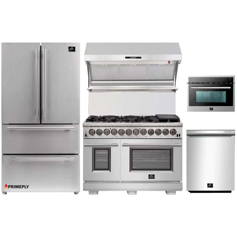 Forno 5-Piece Pro Appliance Package - 48-Inch Dual Fuel Range, Refrigerator, Wall Mount Hood with Backsplash, Microwave Oven, & 3-Rack Dishwasher in Stainless Steel