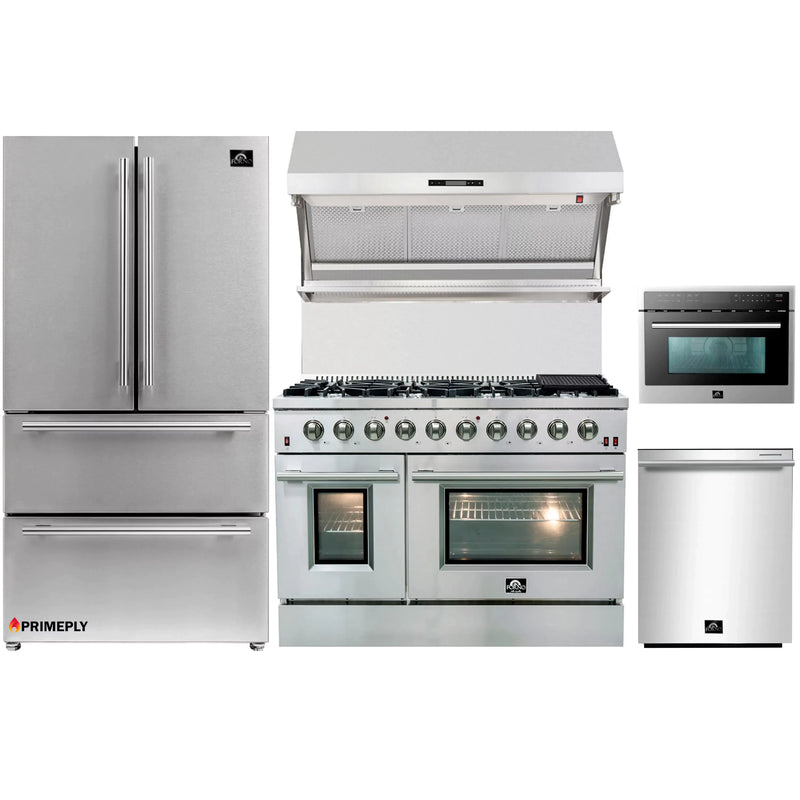 Forno 5-Piece Appliance Package - 48-Inch Gas Range, Refrigerator, Wall Mount Hood with Backsplash, Microwave Oven, & 3-Rack Dishwasher in Stainless Steel