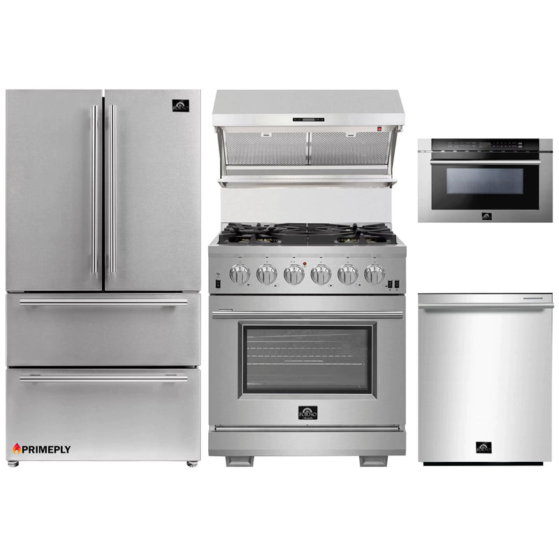 Forno 5-Piece Pro Appliance Package - 30-Inch Gas Range, Refrigerator, Wall Mount Hood with Backsplash, Microwave Drawer, & 3-Rack Dishwasher in Stainless Steel