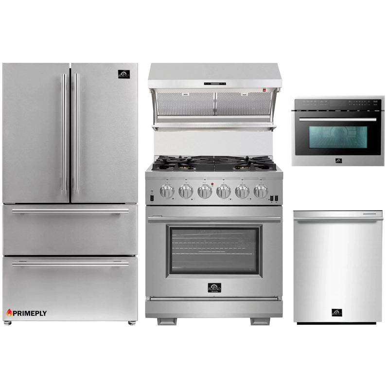 Forno 5-Piece Pro Appliance Package - 30-Inch Gas Range, 36-Inch Refrigerator Wall Mount Hood with Backsplash, Microwave Oven, & 3-Rack Dishwasher in Stainless Steel