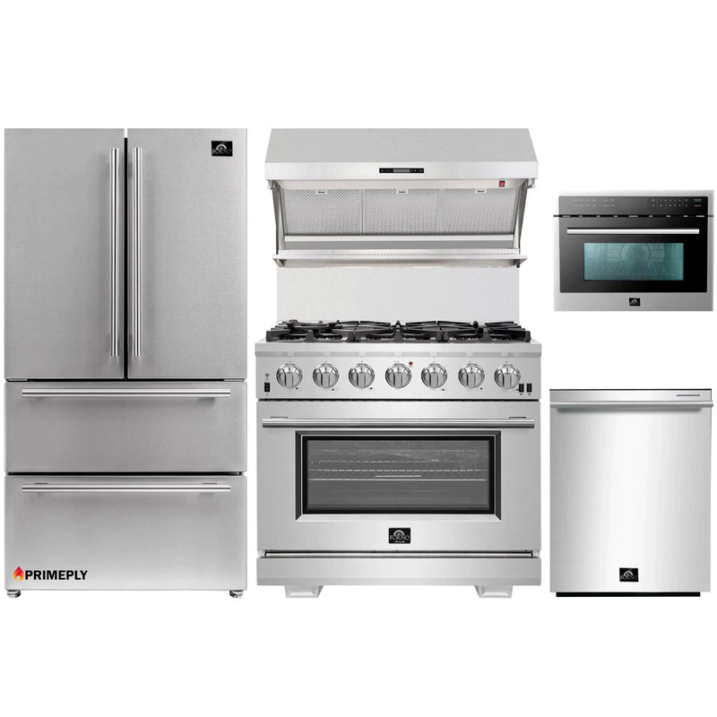 Forno 5-Piece Pro Appliance Package - 36-Inch Gas Range, Refrigerator, Wall Mount Hood with Backsplash, Microwave Oven, & 3-Rack Dishwasher in Stainless Steel