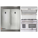 Forno 3-Piece Appliance Package - 48-Inch Dual Fuel Range, 56-Inch Pro-Style Refrigerator & Wall Mount Hood with Backsplash in Stainless Steel