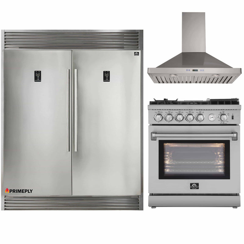 Forno 3-Piece Appliance Package - 30-Inch Gas Range with Air Fryer, 56-Inch Pro-Style Refrigerator & Wall Mount Hood in Stainless Steel