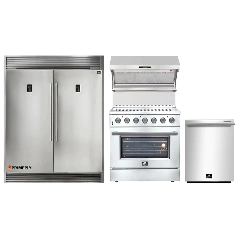 Forno 4-Piece Appliance Package - 36-Inch Electric Range, Wall Mount Range Hood with Backsplash, Pro-Style Refrigerator, and Dishwasher in Stainless Steel