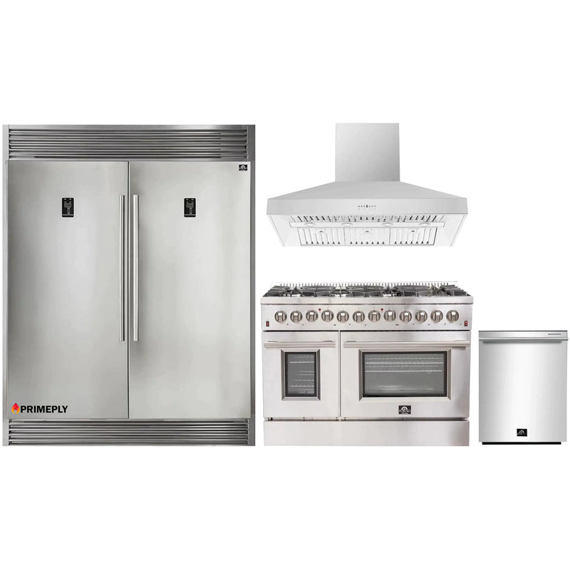 Forno 4-Piece Appliance Package - 48-Inch Dual Fuel Range, 56-Inch Pro-Style Refrigerator, Wall Mount Hood, & 3-Rack Dishwasher in Stainless Steel