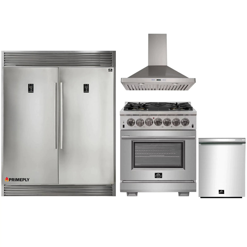 Forno 4-Piece Pro Appliance Package - 30-Inch Dual Fuel Range, 56-Inch Pro-Style Refrigerator, Wall Mount Hood, & 3-Rack Dishwasher in Stainless Steel