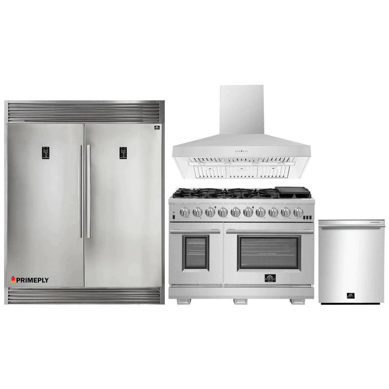 Forno 4-Piece Pro Appliance Package - 48-Inch Gas Range, 56-Inch Pro-Style Refrigerator, Wall Mount Hood, & 3-Rack Dishwasher in Stainless Steel