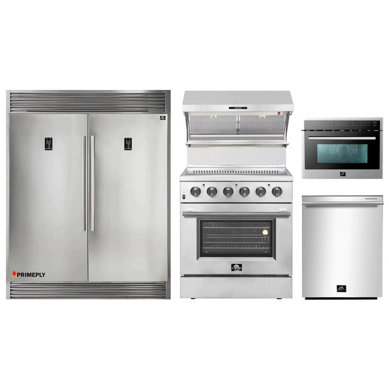 Forno 5-Piece Appliance Package - 30-Inch Electric Range, Wall Mount Range Hood with Backsplash, Pro-Style Refrigerator, Dishwasher, and Microwave Oven in Stainless Steel