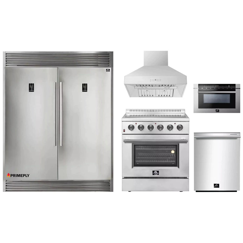 Forno 5-Piece Appliance Package - 30-Inch Electric Range, Wall Mount Range Hood, Pro-Style Refrigerator, Dishwasher, and Microwave Drawer in Stainless Steel