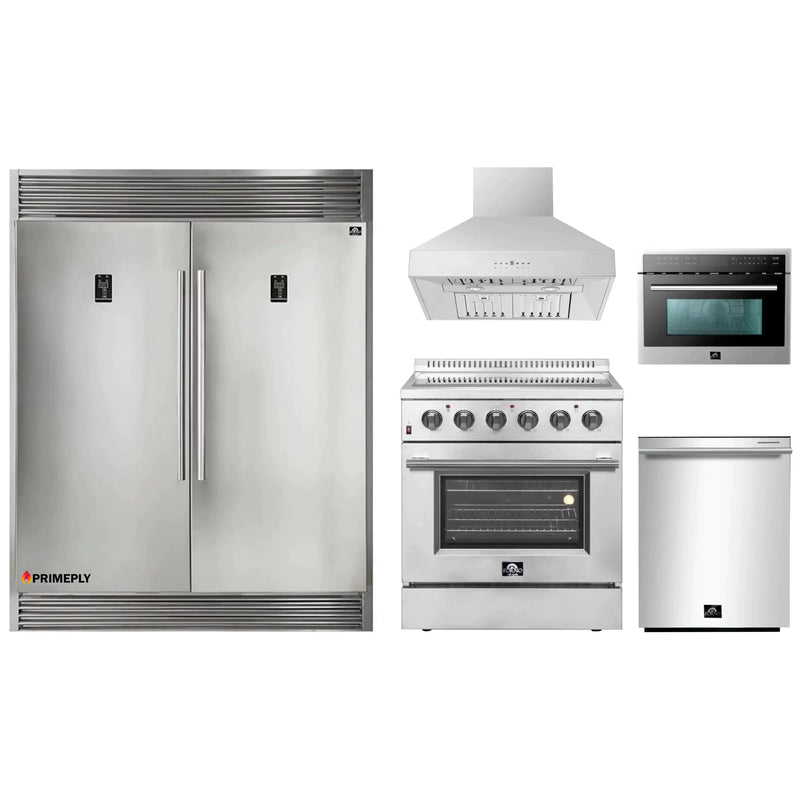 Forno 5-Piece Appliance Package - 30-Inch Electric Range, Wall Mount Range Hood, Pro-Style Refrigerator, Dishwasher, and Microwave Oven in Stainless Steel