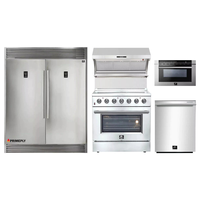 Forno 5-Piece Appliance Package - 36-Inch Electric Range, Wall Mount Range Hood with Backsplash, Pro-Style Refrigerator, Dishwasher, and Microwave Drawer in Stainless Steel