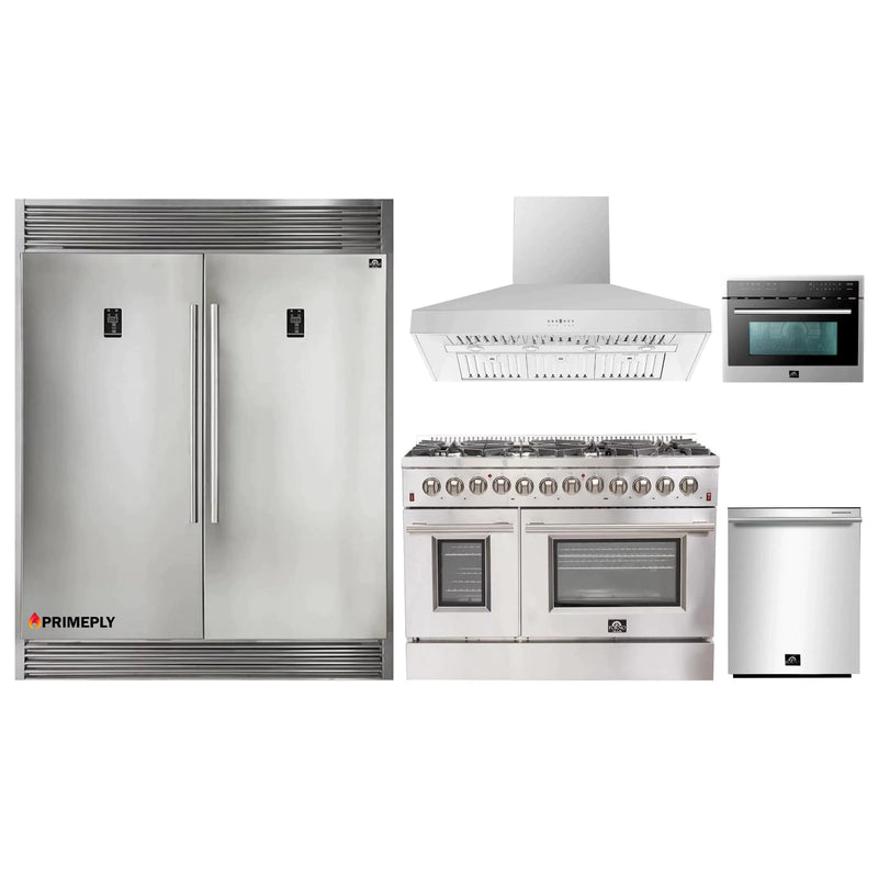 Forno 5-Piece Appliance Package - 48-Inch Dual Fuel Range, 56-Inch Pro-Style Refrigerator, Wall Mount Hood, Microwave Oven, & 3-Rack Dishwasher in Stainless Steel